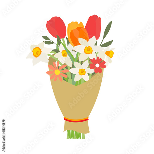 Bouquet of spring flowers tulips and daffodils. Vector Illustration. EPS10