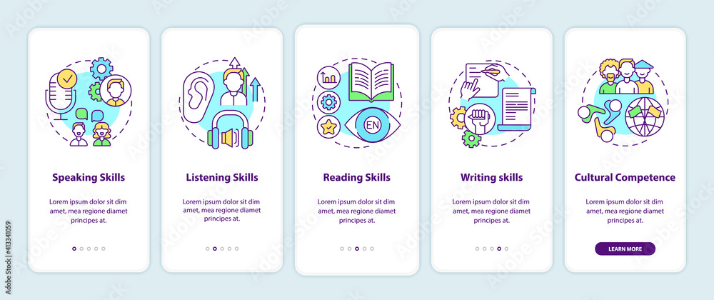Language learning competences onboarding mobile app page screen with concepts. Speaking, reading skills walkthrough 5 steps graphic instructions. UI vector template with RGB color illustrations