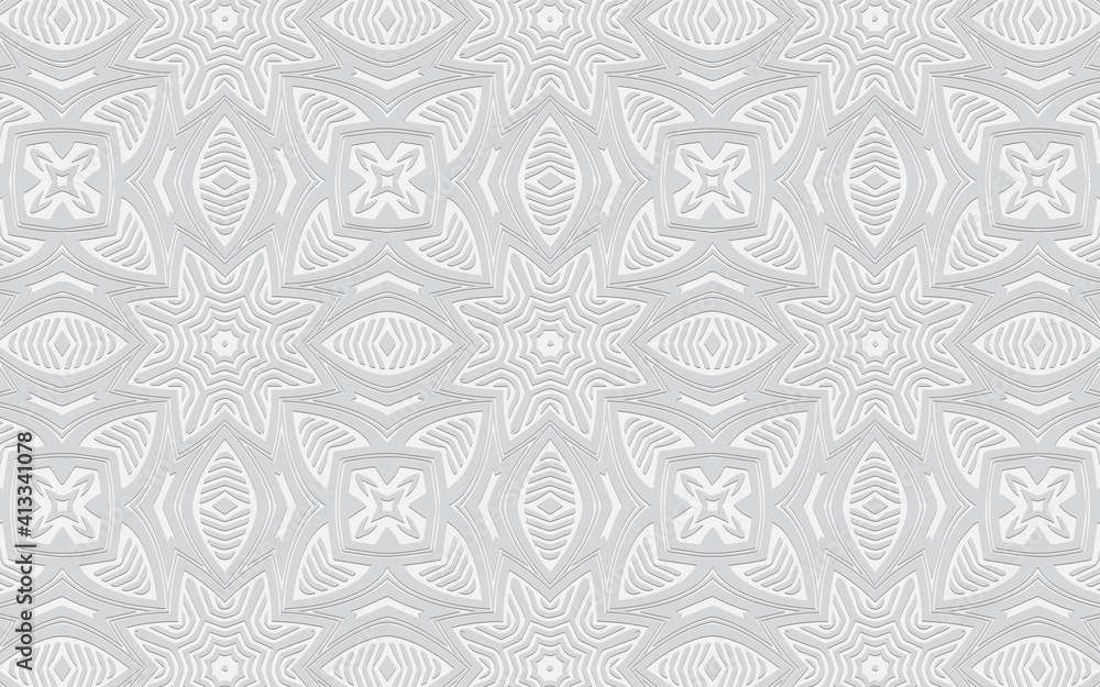 Ethnic Indian convex volumetric wallpaper from a 3D pattern. White embossed background of geometric shapes in doodling style. Texture for business card, website, textile. Ethnic Indian convex volumetric wallpaper from a 3D pattern. White embossed background of geometric shapes in doodling style. Texture for business card, website, textile.
