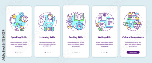 Language learning competences onboarding mobile app page screen with concepts. Speaking, reading skills walkthrough 5 steps graphic instructions. UI vector template with RGB color illustrations