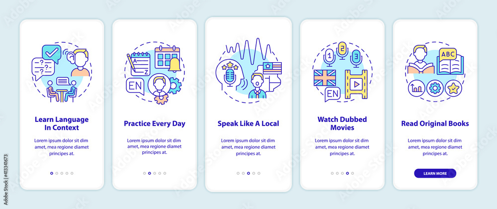 Learning language tips onboarding mobile app page screen with concepts. Language in context, dubbed movies walkthrough 5 steps graphic instructions. UI vector template with RGB color illustrations