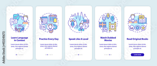 Learning language tips onboarding mobile app page screen with concepts. Language in context, dubbed movies walkthrough 5 steps graphic instructions. UI vector template with RGB color illustrations