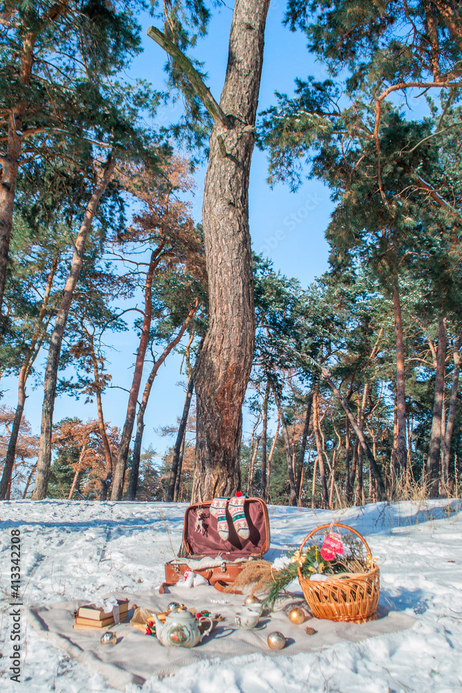 winter picnic with tea and buns in pine forest in retro style. Suitcase in the forest for a winter picnic photo session winter picnic with tea and buns in pine forest in retro style. Suitcase in the forest for a winter picnic photo session