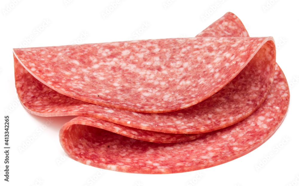 Salami smoked sausage slices isolated on white background Salami smoked sausage slices isolated on white background