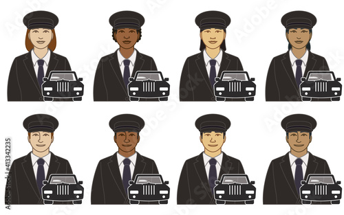 diversity, race, ethnicity of chauffeur and chauffeuse vector icons male and female, wearing suit and hat with limousine icon, isolated on a white background