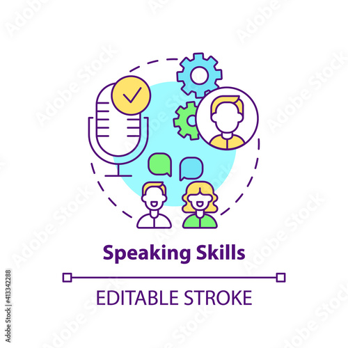 Speaking skills concept icon. Language learning competence idea thin line illustration. Effective communication. Conveying info verbally. Vector isolated outline RGB color drawing. Editable stroke