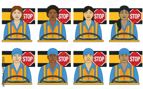 diversity, race, ethnicity of school bus driver vector icons male and female, wearing safety vest with steering wheel and flashing light stop sign, isolated on a white background