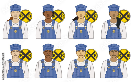 diversity, race, ethnicity of train rail engineer vector icons male and female, wearing striped overalls and cap, with railroad crossing icon, isolated on a white background
