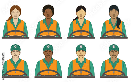 diversity, race, ethnicity of truck driver vector icons male and female, wearing orange safety vest with steering wheel, isolated on a white background