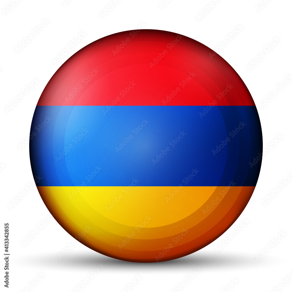 Glass light ball with flag of Armenia. Round sphere, template icon. Armenian national symbol. Glossy realistic ball, 3D abstract vector illustration highlighted on a white background. Big bubble. Glass light ball with flag of Armenia. Round sphere, template icon. Armenian national symbol. Glossy realistic ball, 3D abstract vector illustration highlighted on a white background. Big bubble.