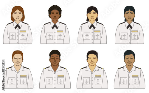 diversity, race, ethnicity of ship steward vector icons male and female, wearing white uniform and epaulets, isolated on a white background