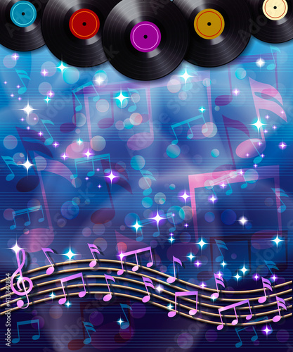 Abstract musical background with random notes on the musical staff and retro vinyl records.