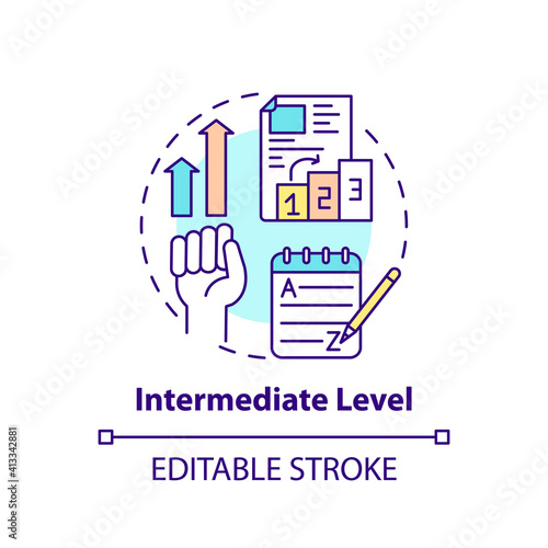 Intermediate level concept icon. Language learning stage idea thin line illustration. Limited proficiency. Vocabulary words knowledge. Vector isolated outline RGB color drawing. Editable stroke