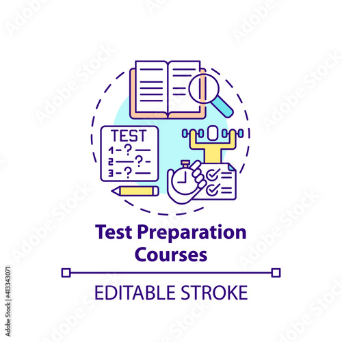 Test preparation courses concept icon. Improving language learning level idea thin line illustration. Test prep. Educational course. Vector isolated outline RGB color drawing. Editable stroke