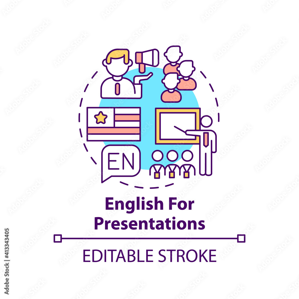 English for presentations concept icon. Business english purpose idea thin line illustration. Giving presentations to clients and colleagues. Vector isolated outline RGB color drawing. Editable stroke