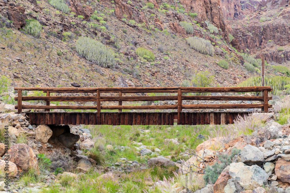 A wooden bridge over a dry river A wooden bridge over a dry river
