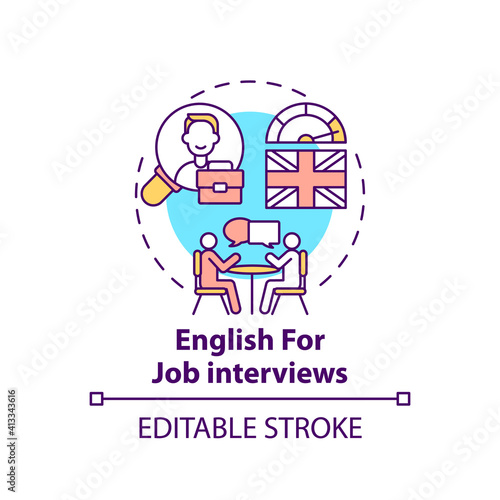 English for job interviews concept icon. Business aim idea thin line illustration. Formal introduction. Speaking fluent during conversation. Vector isolated outline RGB color drawing. Editable stroke