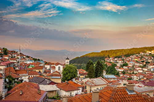 View of downtown of historical Krusevo at wonderful sunset in North Macedonia photo