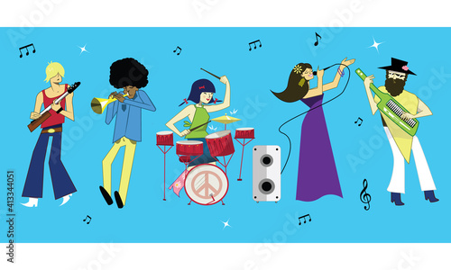 Diverse music band playing instruments flat illustration.  (ID: 413344051)