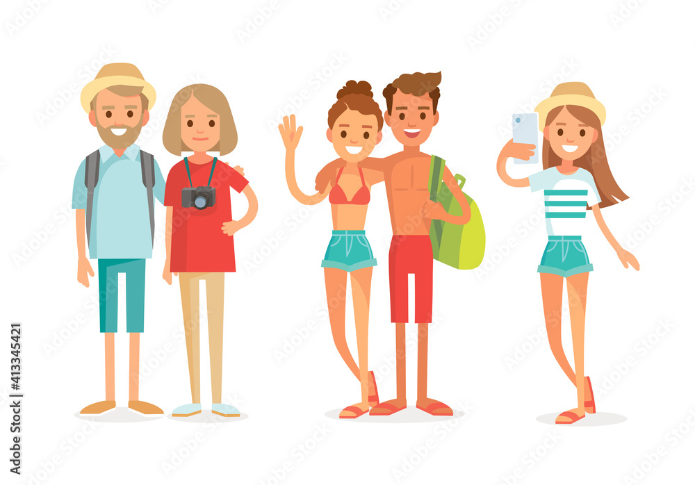 Set group young tourists traveling people in bathing costumes, swimming trunks, swimsuits. Young girl waving hand,making selfie. Vector young traveling couples,pairs,mates,twosome traveling together. Set group young tourists traveling people in bathing costumes, swimming trunks, swimsuits. Young girl waving hand,making selfie. Vector young traveling couples,pairs,mates,twosome traveling together.