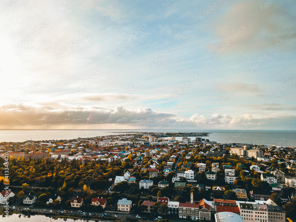 Obraz premium Iceland Is Reykjavik. View of the city at sunset from a drone.