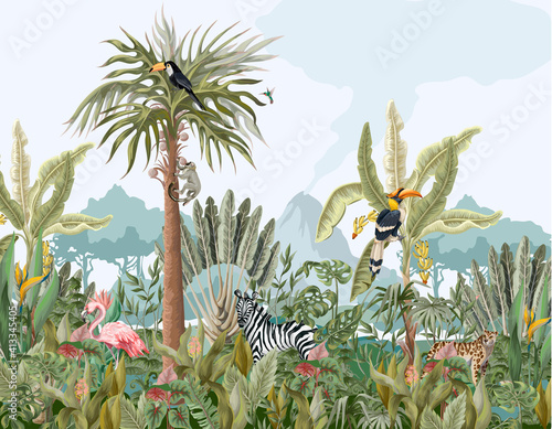 Fototapeta samoprzylepna Pattern with jungle animals, flowers and trees. Vector.