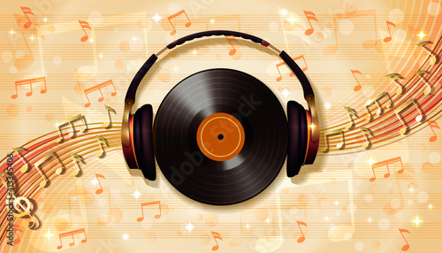 Abstract musical background with random notes on the musical staff, headphones and retro vinyl record. 