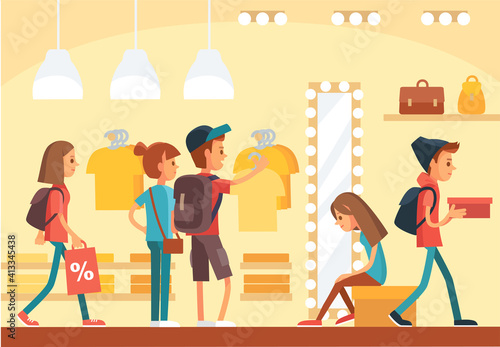 Store interior. People go for shopping vector illustration. Boutique customers make purchases in the clothing store. Clothing sale, consumerism concept. Garments shop, apparel retail business.