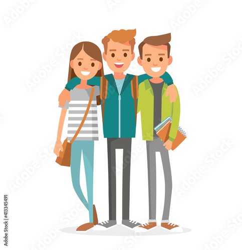 Group of 3 three friends, university fellow students classmates, buddies, pals standing together hugging posing for keepsake photograph. Group of learners young people. Vector illustration. Flat.