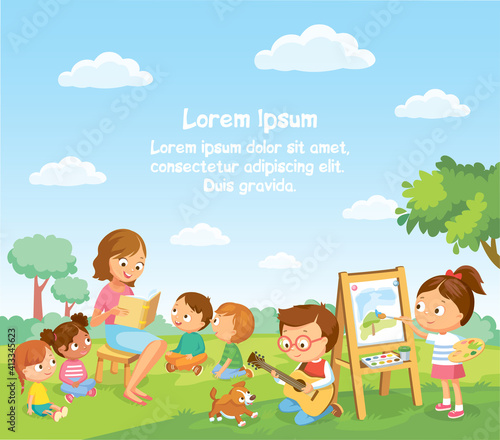 Group children playing, spending time in games, having fun, fooling around. Summer activities. Children in park,summer camp.Babysitter,teacher,Mum reading book to children. Girl drawing the watercolor