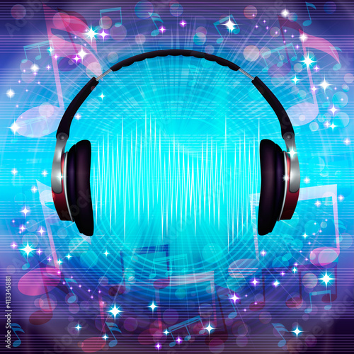Abstract musical background with  notes and headphones. 