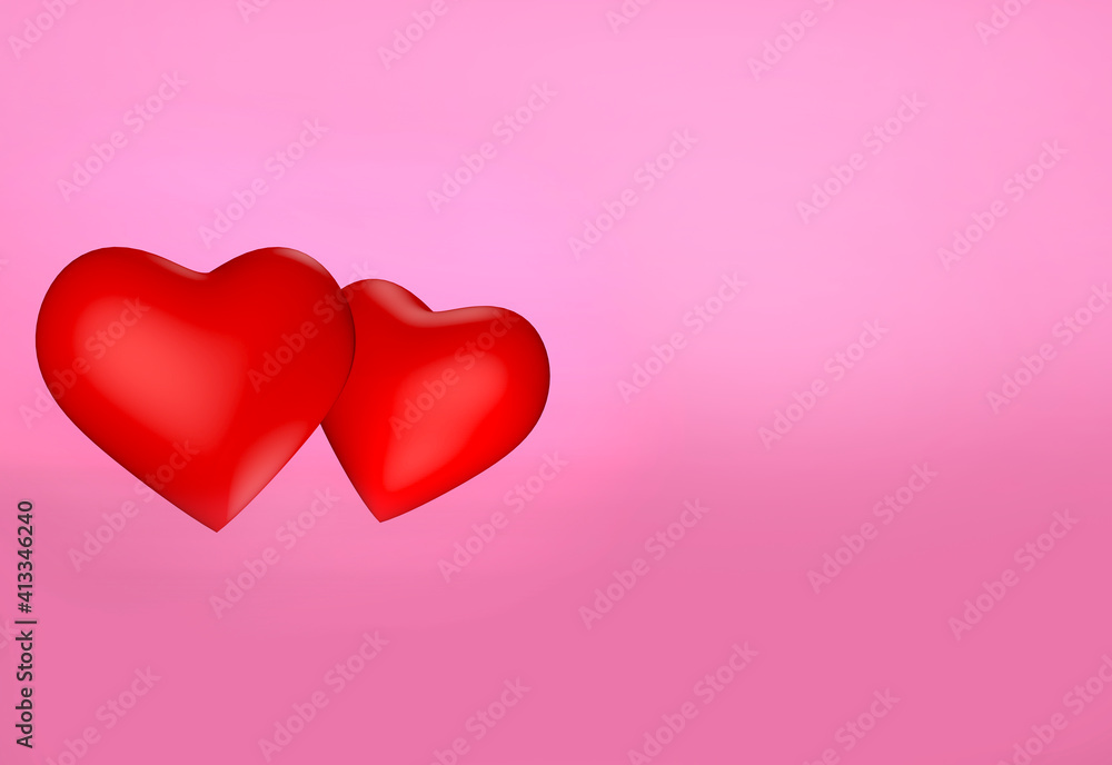 3D illustration. Two red hearts on pink background