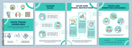 Covid travel guidelines brochure template. Social distance of landing. Flyer, booklet, leaflet print, cover design with linear icons. Vector layouts for magazines, annual reports, advertising posters