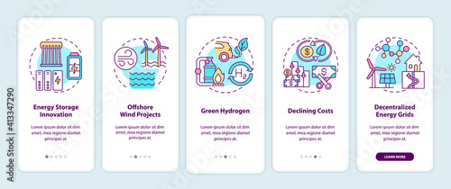 Meet energy of humanity demands onboarding mobile app page screen with concepts. Clean energy trends walkthrough 5 steps graphic instructions. UI vector template with RGB color illustrations