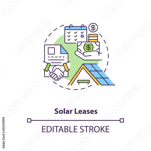 Solar leases concept icon. Using produced power of battery idea thin line illustration. Leasing arrangement and monthly payments. Vector isolated outline RGB color drawing. Editable stroke
