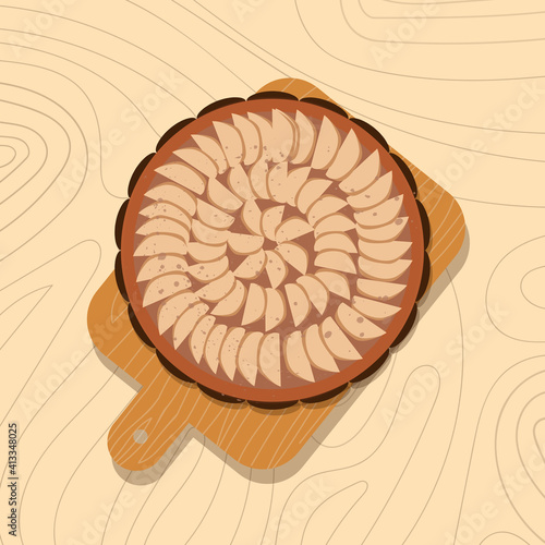 Apple pie on on a wooden table. Vector illustration of an apple pie on a cutting board with a top view