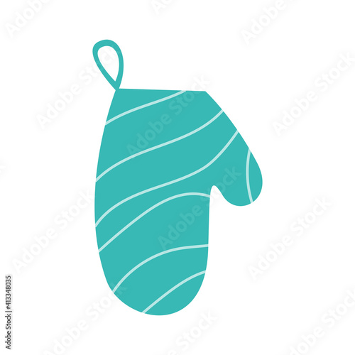 Turquoise potholder on a white background. Bright vector illustration in a simple style. The gauntlet for the kitchen with white stripes. Stylish kitchen textiles