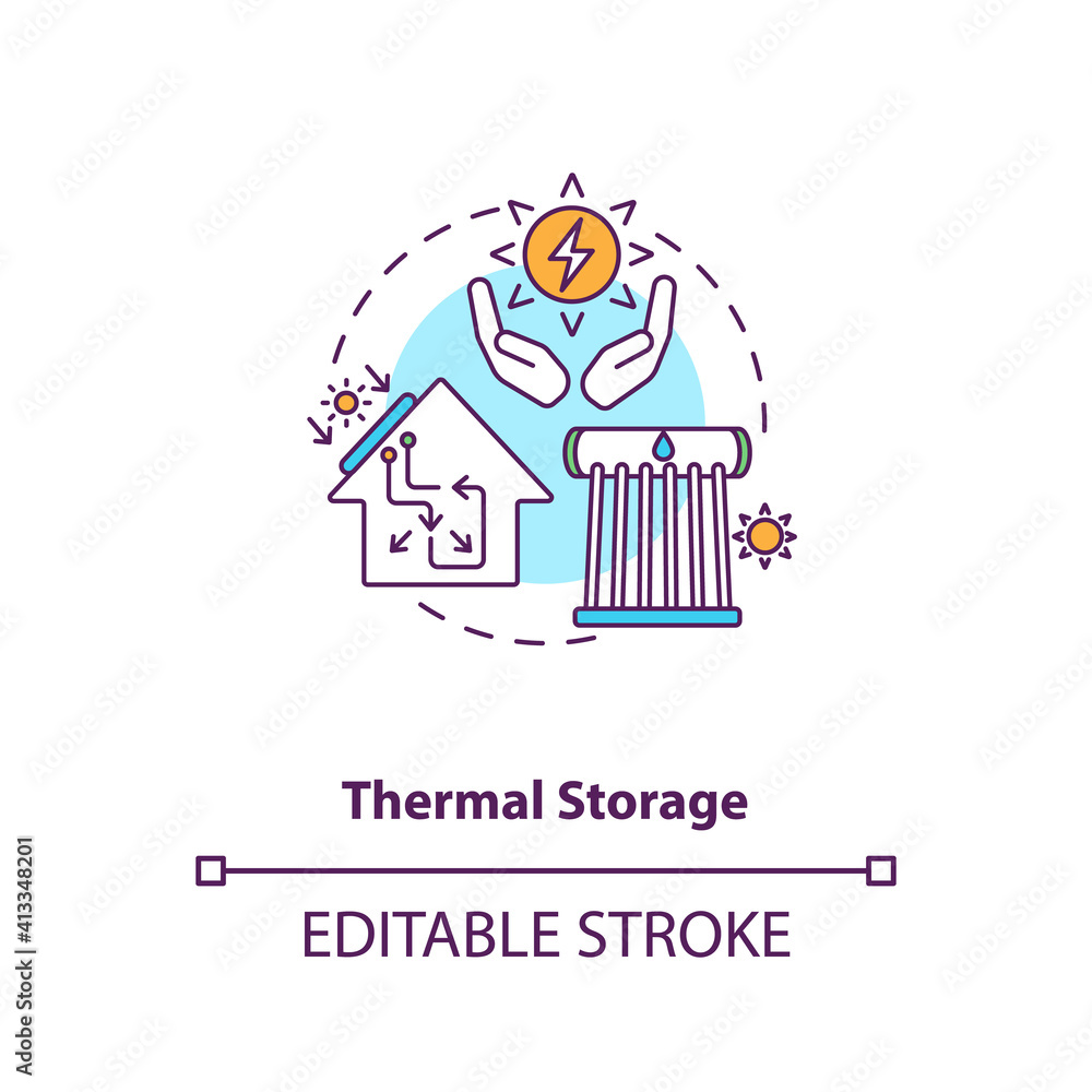 Thermal storage concept icon. Electricity generation using power of sun idea thin line illustration. Solar plants capturing heat. Vector isolated outline RGB color drawing. Editable stroke