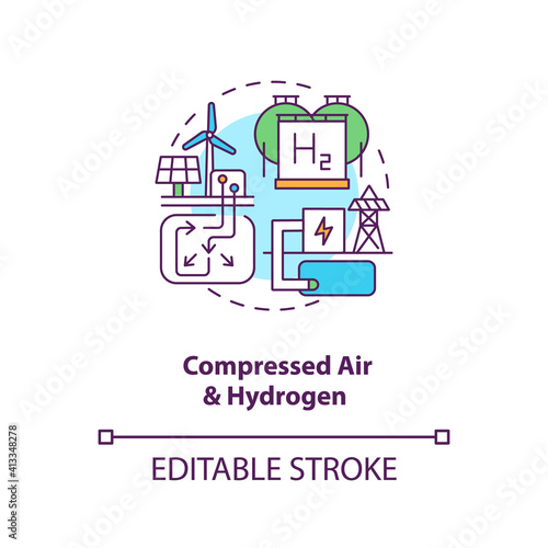 Compressed air and hydrogen concept icon. Generation storage technology idea thin line illustration. Improve efficiencies of gas turbines. Vector isolated outline RGB color drawing. Editable stroke