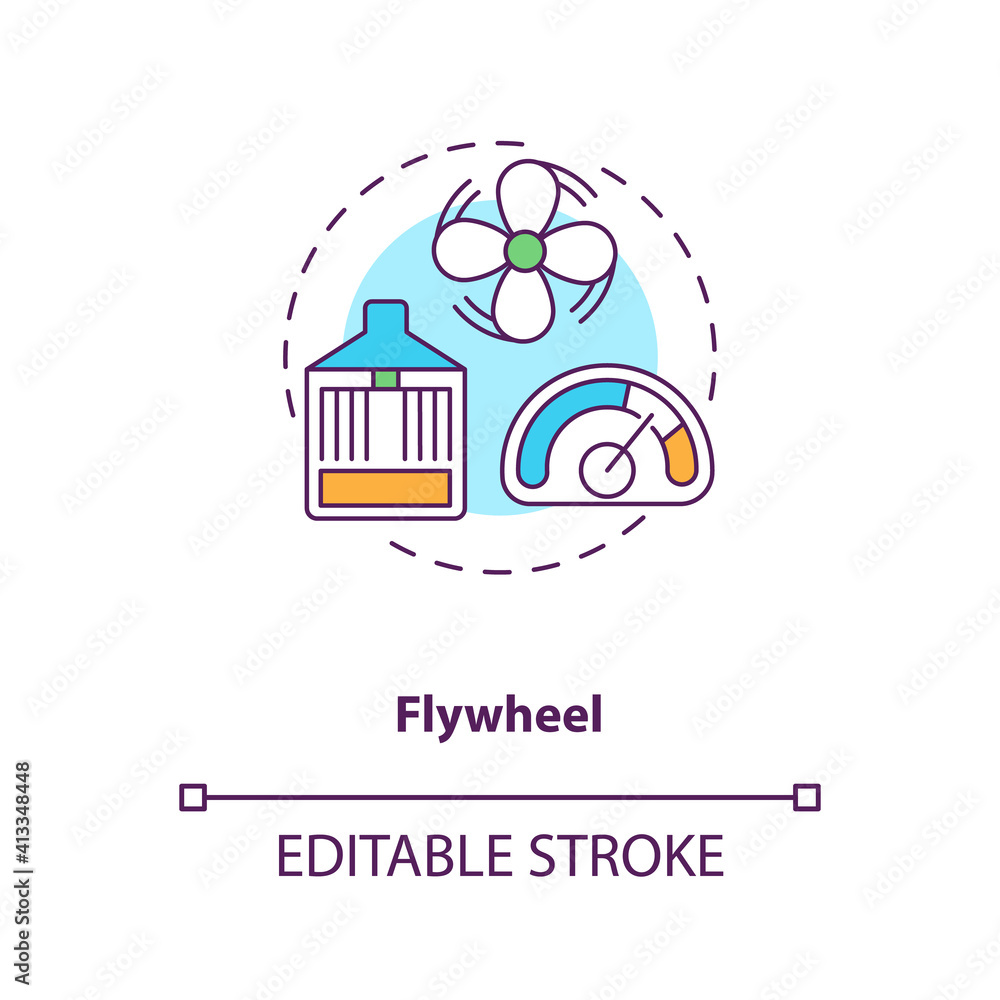 Flywheels concept icon. Storing electricity in spinning mass idea thin line illustration. Returning electricity to grid. Storage facility. Vector isolated outline RGB color drawing. Editable stroke Flywheels concept icon. Storing electricity in spinning mass idea thin line illustration. Returning electricity to grid. Storage facility. Vector isolated outline RGB color drawing. Editable stroke