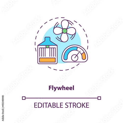 Flywheels concept icon. Storing electricity in spinning mass idea thin line illustration. Returning electricity to grid. Storage facility. Vector isolated outline RGB color drawing. Editable stroke