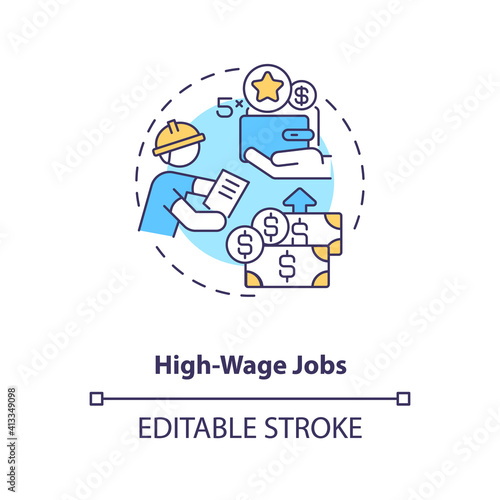 High-wage jobs concept icon. Hydropower workforce to grow idea thin line illustration. Offering high salary jobs for new worker. Vector isolated outline RGB color drawing. Editable stroke