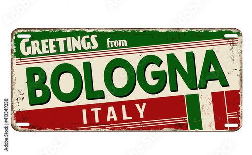 Greetings from Bologna vintage rusty metal plate