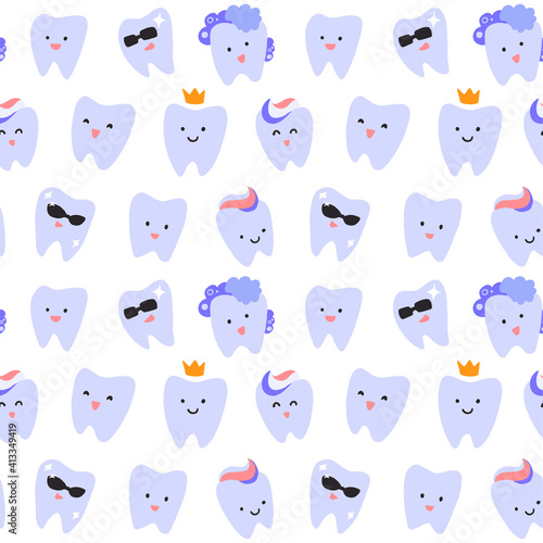 Seamless pattern with hand drawn cute teeth on white background.