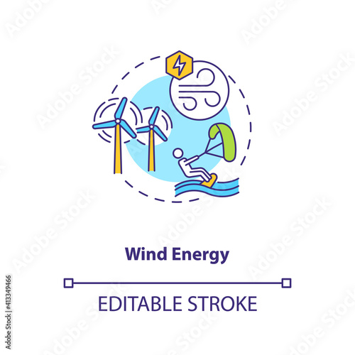 Wind energy concept icon. Power of wind turning blades of turbine idea thin line illustration. Electric generator and produces electricity. Vector isolated outline RGB color drawing. Editable stroke