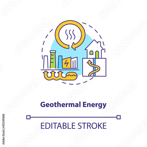 Geothermal energy concept icon. Hydrothermal resource idea thin line illustration. Decay of radioactive particles in rocks. Vector isolated outline RGB color drawing. Editable stroke