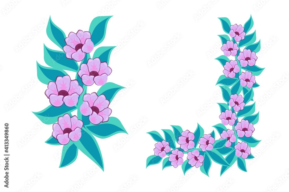 Light pink flowers with turquoise leaves in the form of a branch and in a pattern on a white background for printing on paper and textiles