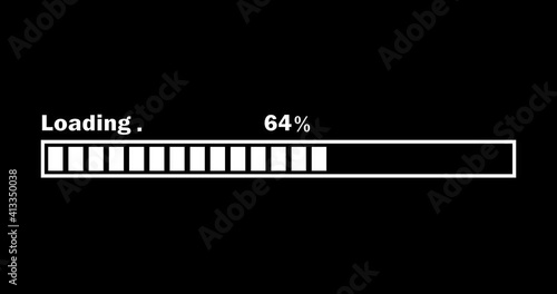 Loading bar downloading barloading screen pixelated progress animation Loading Transfer Download 0-100% in black background. Luma Matte included. 4k video