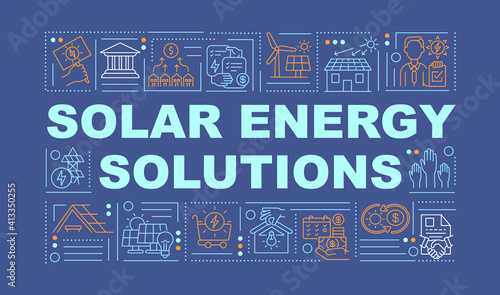 Solar energy solutions word concepts banner. Climate change. Environmental protection. Infographics with linear icons on blue background. Isolated typography. Vector outline RGB color illustration