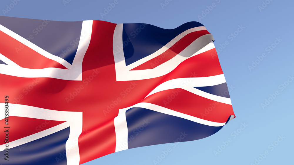 Fototapeta premium 3D illustration. The large flag of Great Britain unfolds in the wind against blue sky background with gradient.